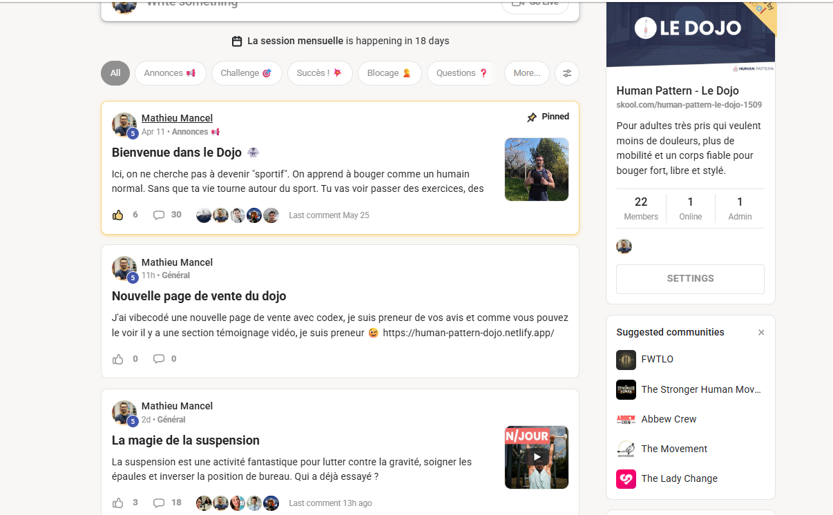 La communauté privée du Dojo sur Skool
